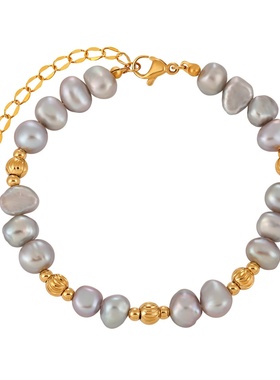 法式复古气质灰色淡水珍珠手工串珠手链女时尚个性镀金钛钢手饰品