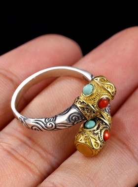 七尚精致祥云金箍棒戒指泰银男士复古女款个性民族风镶嵌松石南红