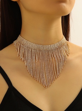 欧美大气流苏水钻颈链项链 时尚流行夸张礼服百搭锁骨链