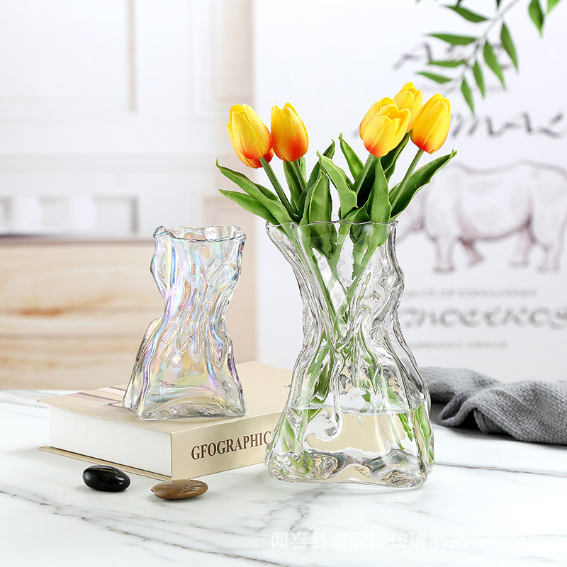 北欧折纸玻璃花瓶轻奢电镀炫彩不规则花瓶餐桌客厅装饰品摆件