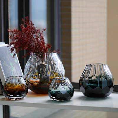 轻奢钻石切割渐变彩色水晶刻磨玻璃花瓶样板房居家台面装饰插花摆