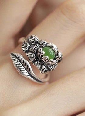 新中式国风莲花牡丹花新款指环女民族可调节个性开口戒指食指环