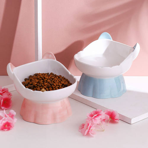 陶瓷猫碗保护颈椎防打翻猫食盆斜口高脚食盆粮碗水碗宠物猫咪用品