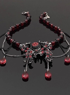 暗红色蜘蛛流苏项链重工y2k辣妹亚文化蜘颈链女甜酷设计感锁骨链