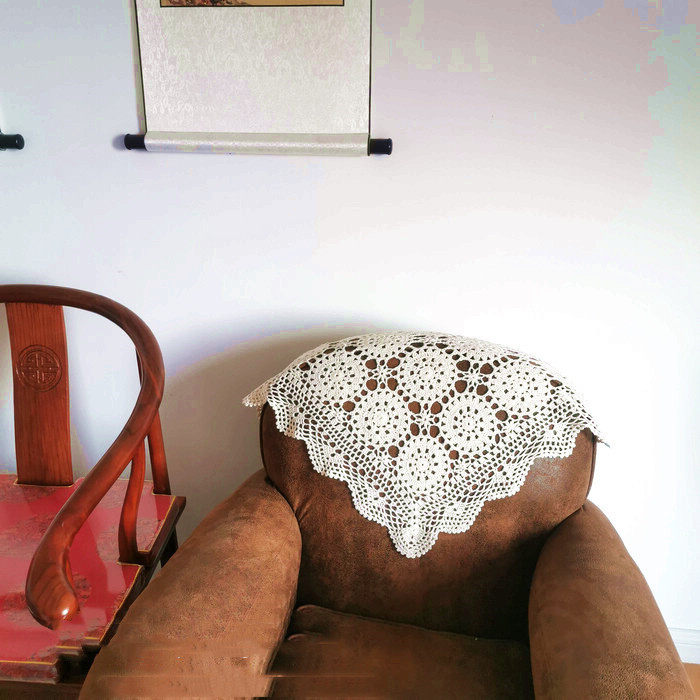 手工钩花中式欧式复古纯棉蕾丝镂空沙发巾装饰盖布米白色正方形