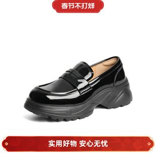 子厚底乐福鞋 深口单鞋 2025春季 黑色小皮鞋 B2499AA5 新款 百丽女鞋
