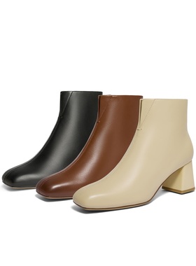 百丽小旗袍新中式短靴弹力瘦瘦靴真皮女鞋子粗跟时装靴3DF40DD4