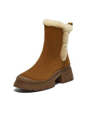 Bata雪地靴女2024冬商场新款牛剖皮保暖粗跟通勤百搭短靴UKI06DZ4