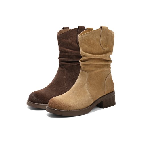 百丽复古V口显瘦堆堆西部靴女2025冬季新款厚底短靴子B2913DZ5