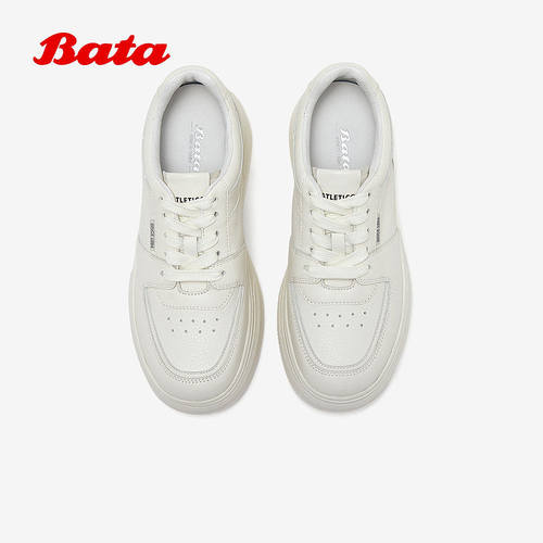Bata板鞋女2026春季商场新款厚底增高时尚休闲牛皮小白鞋UEN16AMX