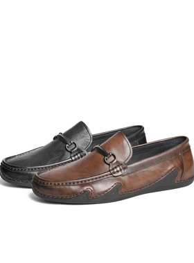 百丽男鞋一脚蹬休闲豆豆鞋025春新牛皮革套脚商务乐福鞋A1818AM5