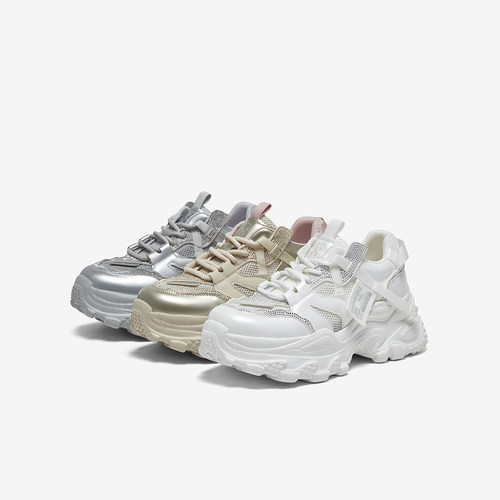 百思图25夏商场新款舒适网面透气银色老爹鞋厚底女休闲鞋B2155BM5