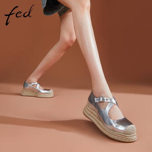 FED羊皮女鞋秋真皮麻绳厚底坡跟渔夫鞋女乐福鞋运动玛丽珍DUR080
