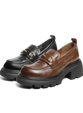 百丽复古抓皱乐福鞋女2025秋新商场同款真皮粗跟jk乐福鞋E1Y1DCA5