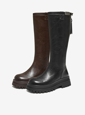 百思图黑曜骑士25冬商场新款加绒骑士靴女高筒长靴BV012DG5