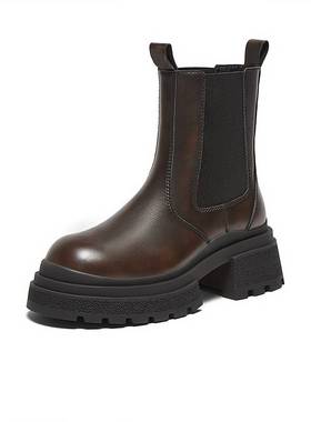 百思图2024冬商场新款牛皮厚底增高烟筒靴粗跟女切尔西靴C2104DZ4