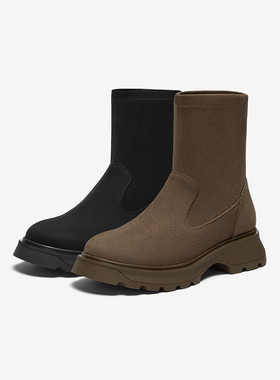 Bata弹力瘦瘦靴女2024冬季新款通勤百搭粗跟短筒靴68810DZ4