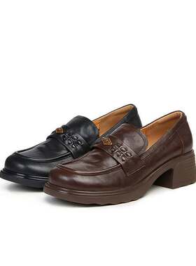 百丽复古羊皮乐福鞋女26春季新款粗高跟通勤深口单鞋子B2988AA6