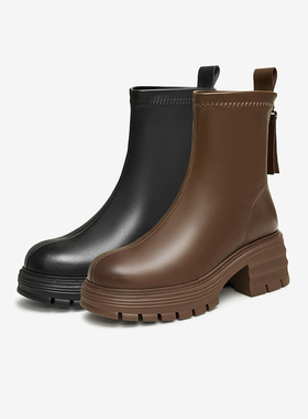 Tata他她粗跟弹力瘦瘦靴女靴子黑色休闲短靴2024冬季新款CFJ01DZ4