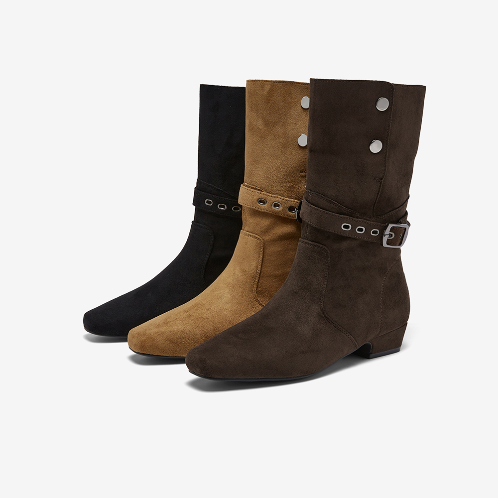 百思图2025冬季新款时尚复古西部靴方头粗跟女堆堆短靴W0889DZ5