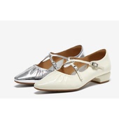 百思图25秋新款 BN130CQ5 女浅口单鞋 牛皮法式 尖头粗跟白色玛丽珍鞋