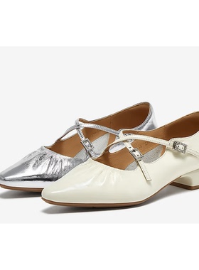 百思图25秋新款牛皮法式尖头粗跟白色玛丽珍鞋女浅口单鞋BN130CQ5