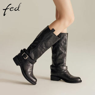 FED牛皮靴女鞋秋新款复古粗跟靴子女高筒靴西部靴骑士DLR208