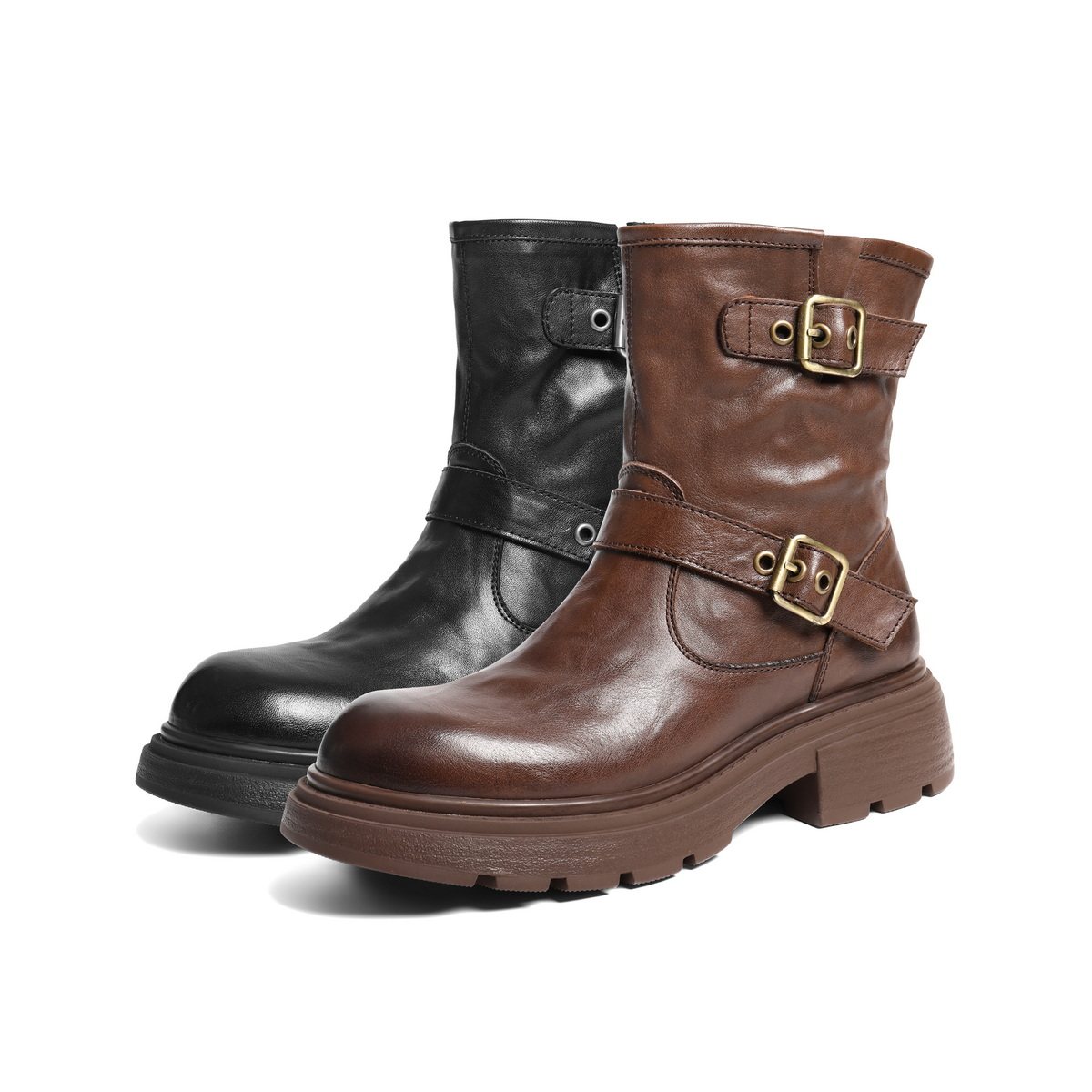 百丽厚底真皮西部靴子女25冬新复古双饰扣中筒靴B2959DD5