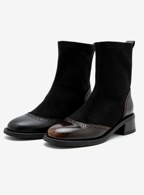 Bata布洛克袜靴女2024冬新款通勤粗跟百搭时尚短筒瘦瘦靴49056DD4