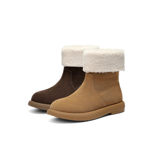 森达牛皮雪地靴女25冬新加厚绒毛保暖休闲东北棉鞋中筒靴ZTI31DZ5