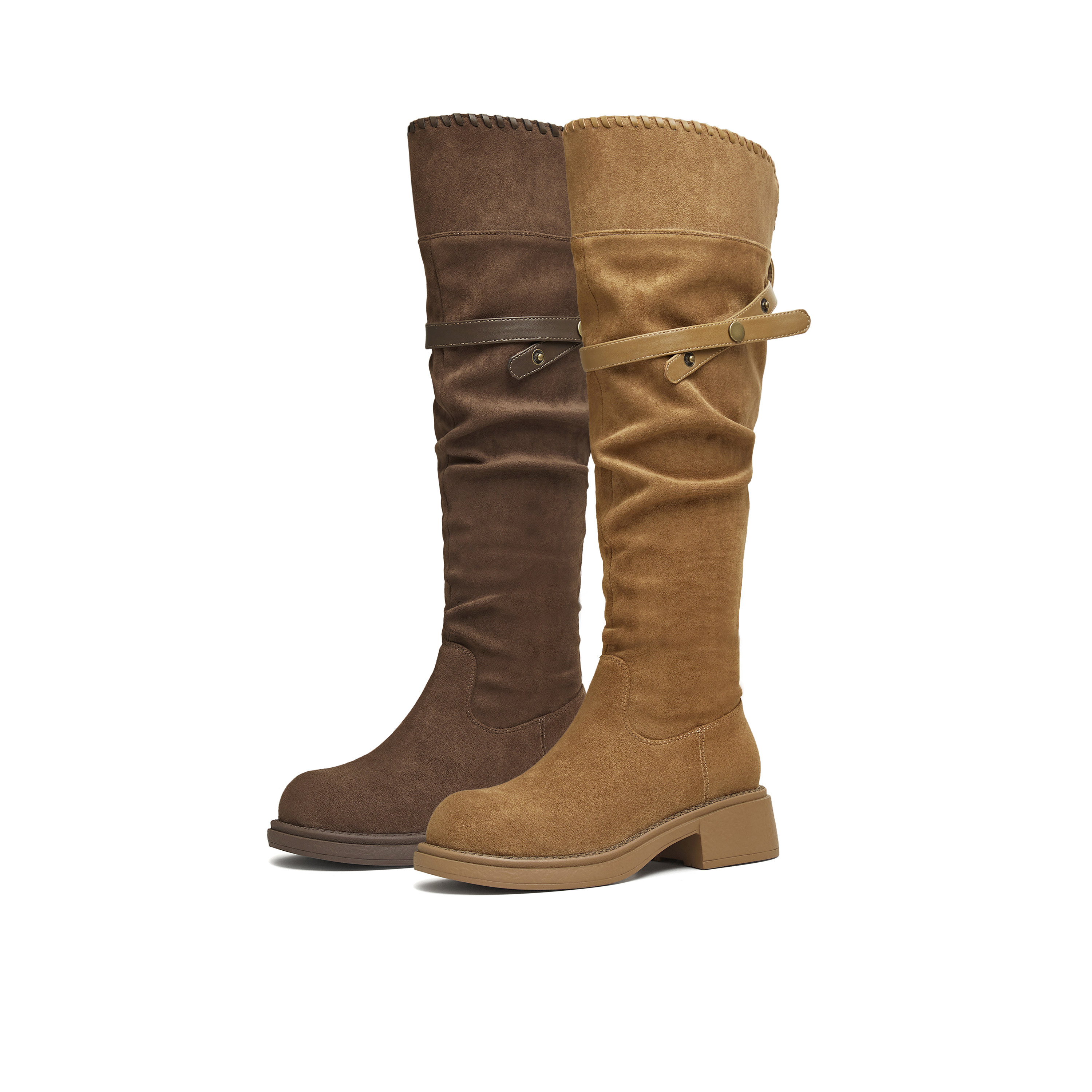 天美意复古厚底西部靴堆堆靴过膝长靴高筒时装靴25冬新款KXZ24DG5