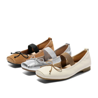 森达猪鼻子玛丽珍女款25秋牛皮方头平跟舒适浅口单鞋ZTH07CQ5