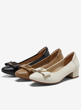 Bata浅口单鞋女2025春商场新款羊皮粗跟通勤蝴蝶结单鞋6296DAQ5