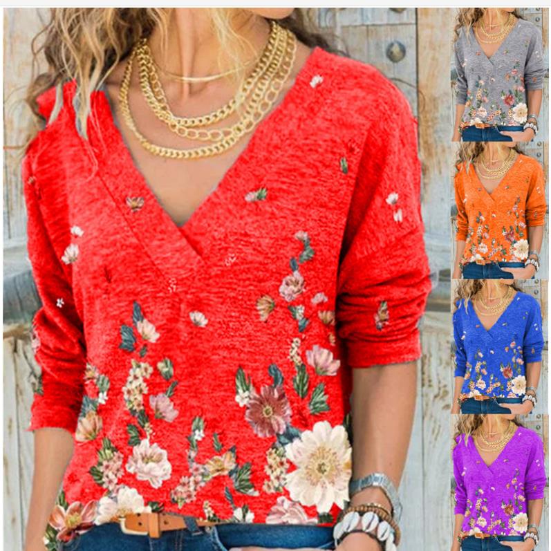 Women's V-neck pullover long-sleeved top T-shirt