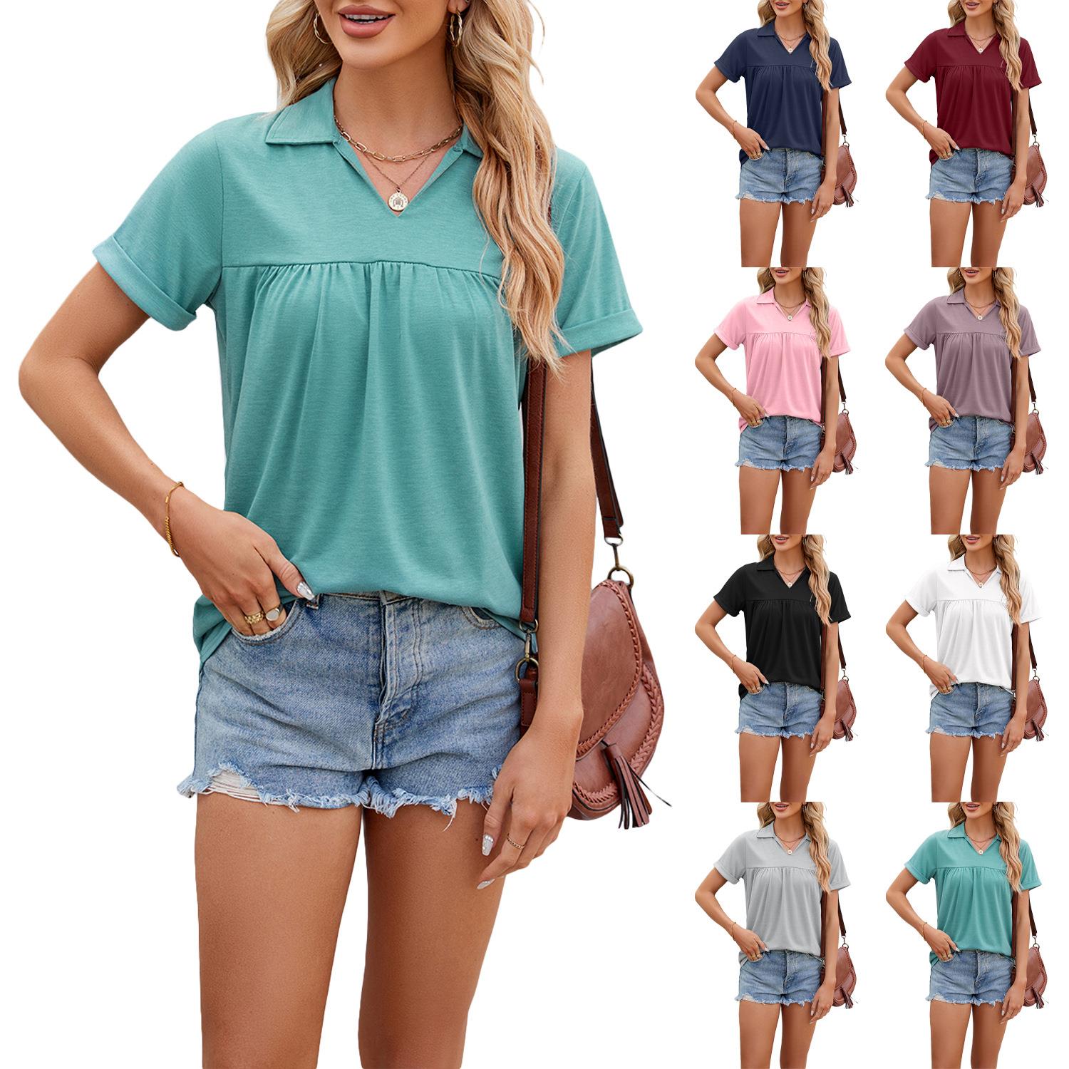 Solid color V-neck loose short-sleeved T-shirt top for women