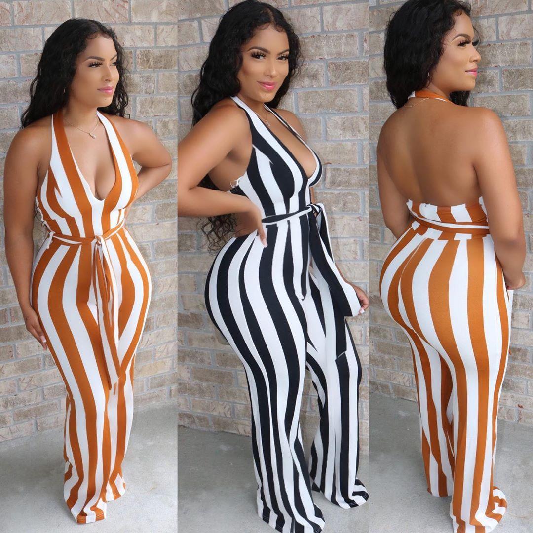 jumpsuit flared striped belted backless neck halter fashion