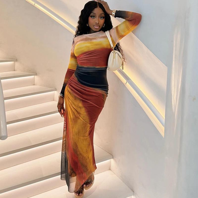 trend skirt pleated slit sleeves long pullover neck round