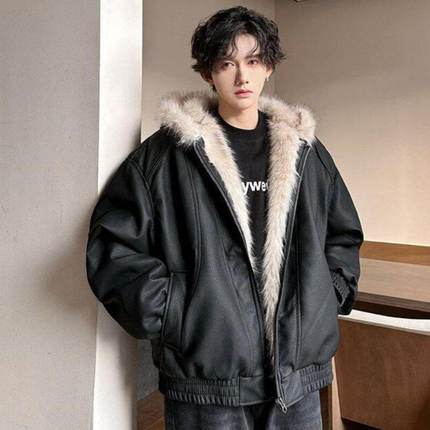 皮毛一体2024新款爆款座山雕棉服冬季加绒加厚羊羔绒外套男士棉衣