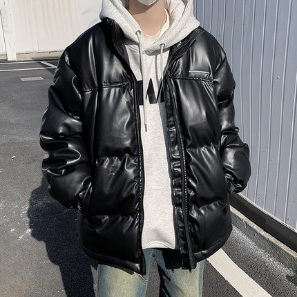 pu皮羽绒棉服男款冬季美式潮牌痞帅高街外套加厚面包服青少年棉袄