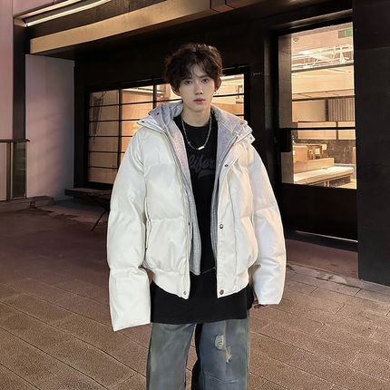 白色连帽羽绒棉服男款冬季加厚假两件皮衣外套潮牌痞帅短款面包服