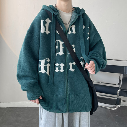 男士开衫针织衫秋冬季加厚保暖连帽外套字母植绒毛衣高级感上衣潮