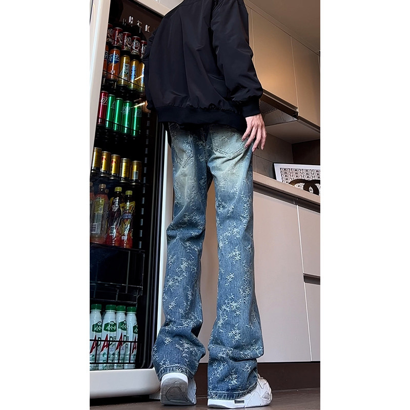 美式提花牛仔裤秋冬裤子直筒长裤
