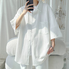 白衬衫男高级感肌理感条纹提花痞帅上衣夏季薄款宽松冰丝短袖衬衣