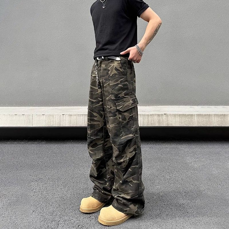 美式复古设计感迷彩工装裤男微喇
