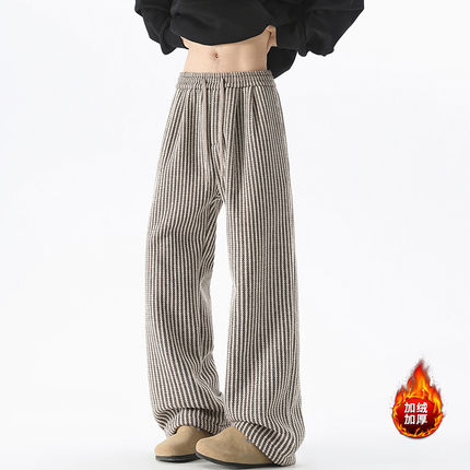 弯刀卫裤男冬季加绒加厚裤子美式复古条纹休闲裤直筒垂感阔腿长裤