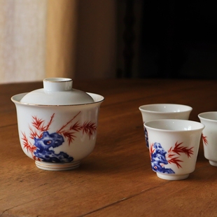 新款 工夫泡茶品茗杯 德化白瓷粉彩画手作盖碗 精品太湖石雅竹图