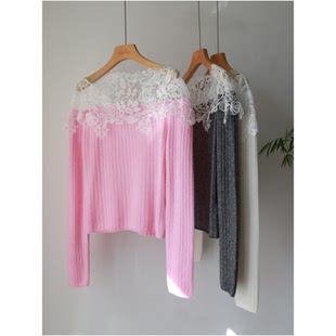 丝羊绒蕾丝拼接露肩纯色针织上衣法式浪漫甜美减龄毛衣