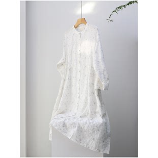 全棉连衣裙复古绣花圆领七分袖宽松显瘦捏褶通勤女