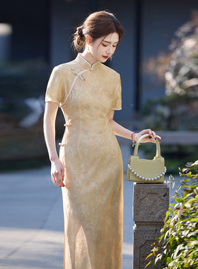 黄色高考送考长款旗袍2025春夏新款修身显瘦复古国风气质高端优雅