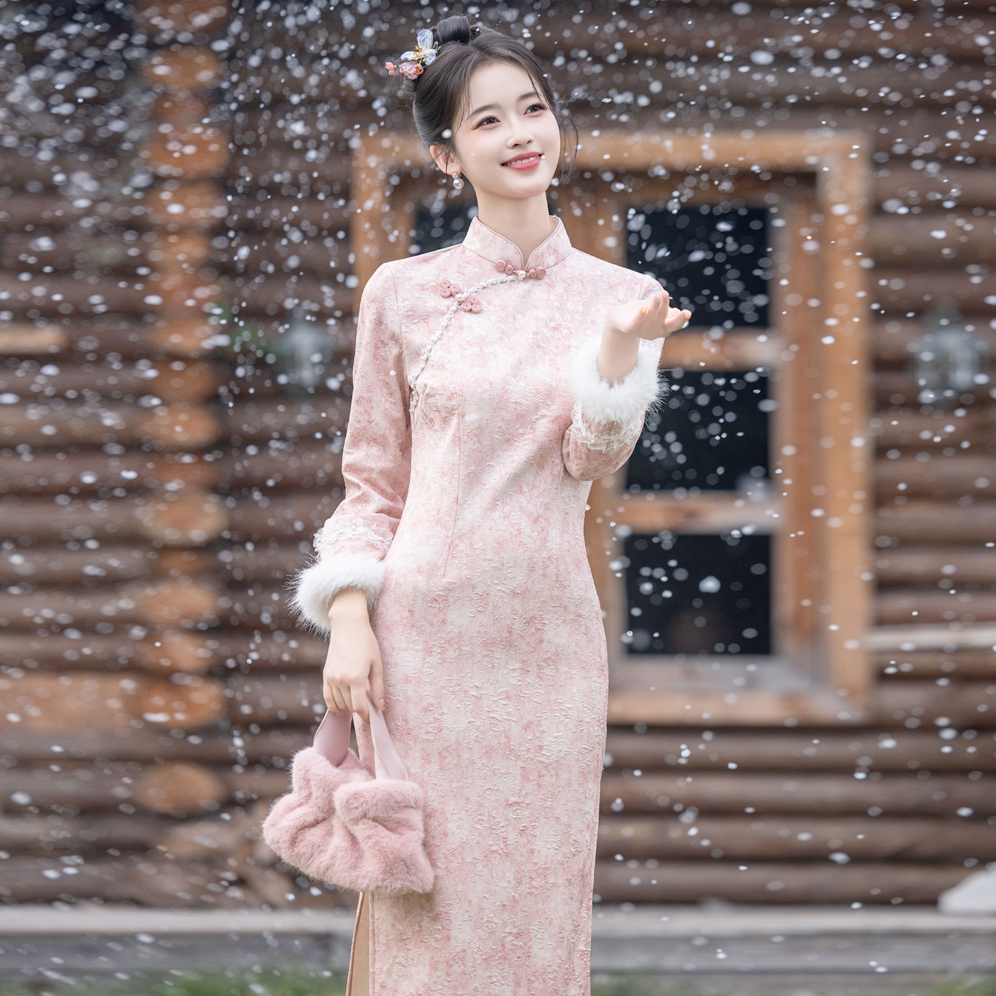 粉色复古国风中式长袖加绒连衣裙